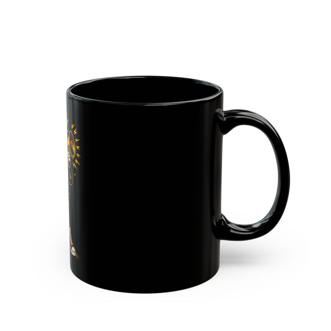 Christian Worship Mic Character Black Mug — "Amplifier" Graphic Coffee Cup (11oz/15oz)