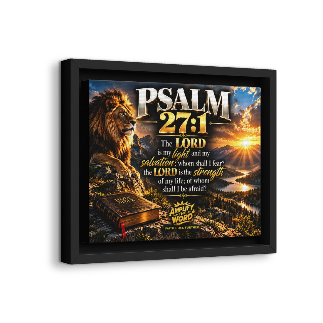 Framed Canvas Wall Art – Psalm 27:1 Christian Lion Scripture Decor