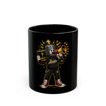 Christian Worship Mic Character Black Mug — "Amplifier" Graphic Coffee Cup (11oz/15oz)