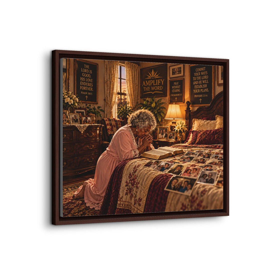 Framed Canvas Wall Art – Cozy Grandmother Reading in Bedroom